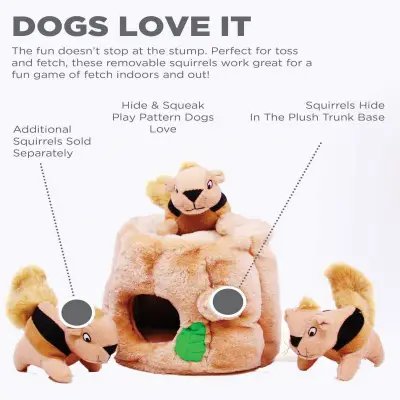 outward hide a squirrel interactive dog toy features