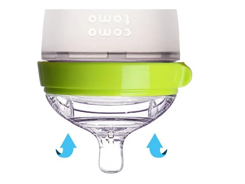 The Comotomo Baby Bottle lid features anti-colic vents & is fully leakproof. 