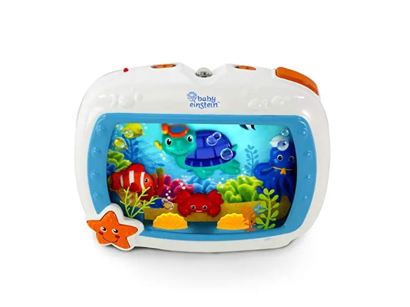 The Baby Einstein Sea Dreams Soother Crib Toy features gradually softening lights.