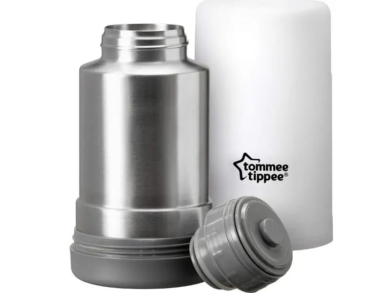 The Tommee Tippee Closer to Nature Portable Travel Baby Bottle Warmer is made of stainless steel.