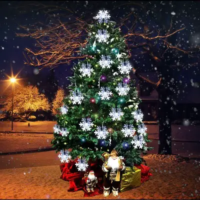 snowflake lights on tree