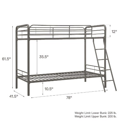 DHP twin-over-twin metal bunk and loft beds for kids measurements