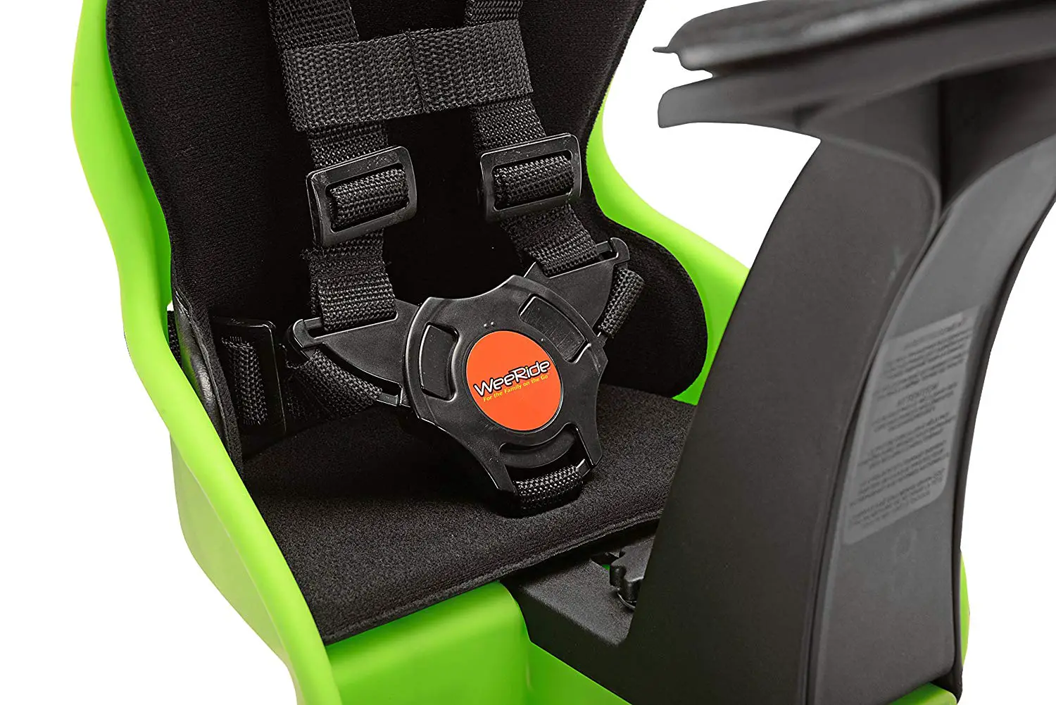The WeeRide Kangaroo bike seat comes with a secure harness fastening.