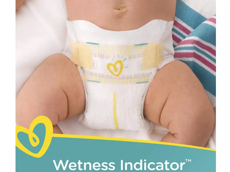 Pampers Swaddlers Disposable Diapers come with a wetness indicator that keeps the baby dry.
