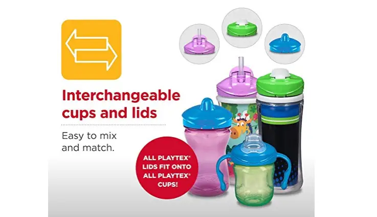 The Playtex Sipsters Stage 3 Super Friends feature interchangeable cups and lids.