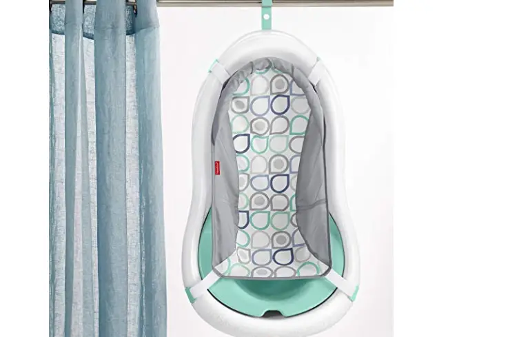 The Fisher-Price 4-in-1 Sling 'n Seat Tub features a hook for drying and storing. 