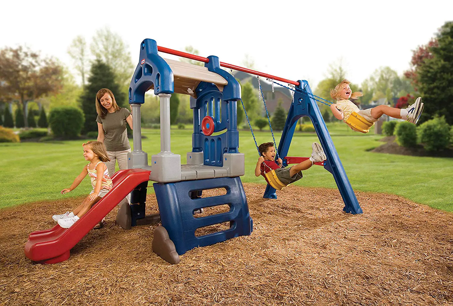 The Little Tikes Clubhouse Swing Set aids children's physical development.