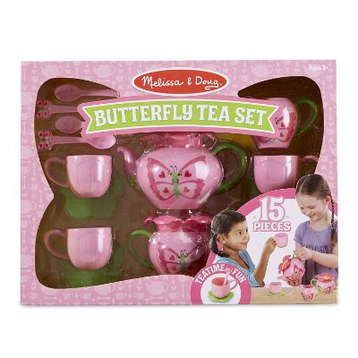 children's tea set in wicker basket