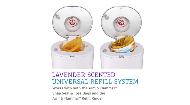 The Munchkin Step Diaper Pail Powered by Arm & Hammer has a lavander scented universal refill system.