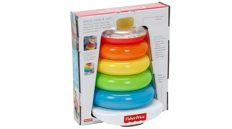 The Fisher-Price Rock-a-Stack has a bat-at rocker base.
