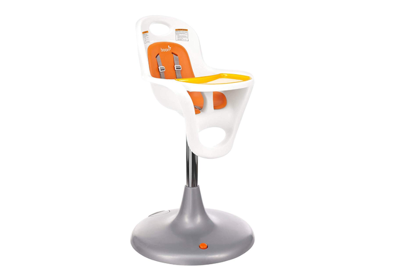 The Boon Flair High Chair in white and orange.