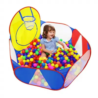 ball pit with basketball hoop toys that start with b kid playing