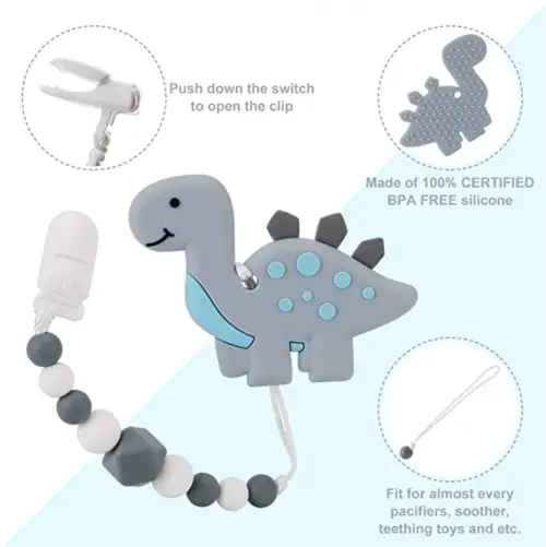 Dinosaur Teether Pain Relief Toy with Pacifier Clip Holder 2